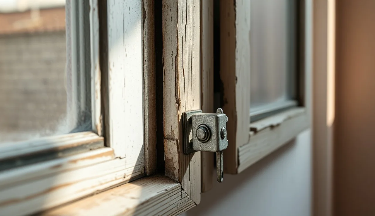 Weathered apartment window frame with cracked paint and broken latch detail