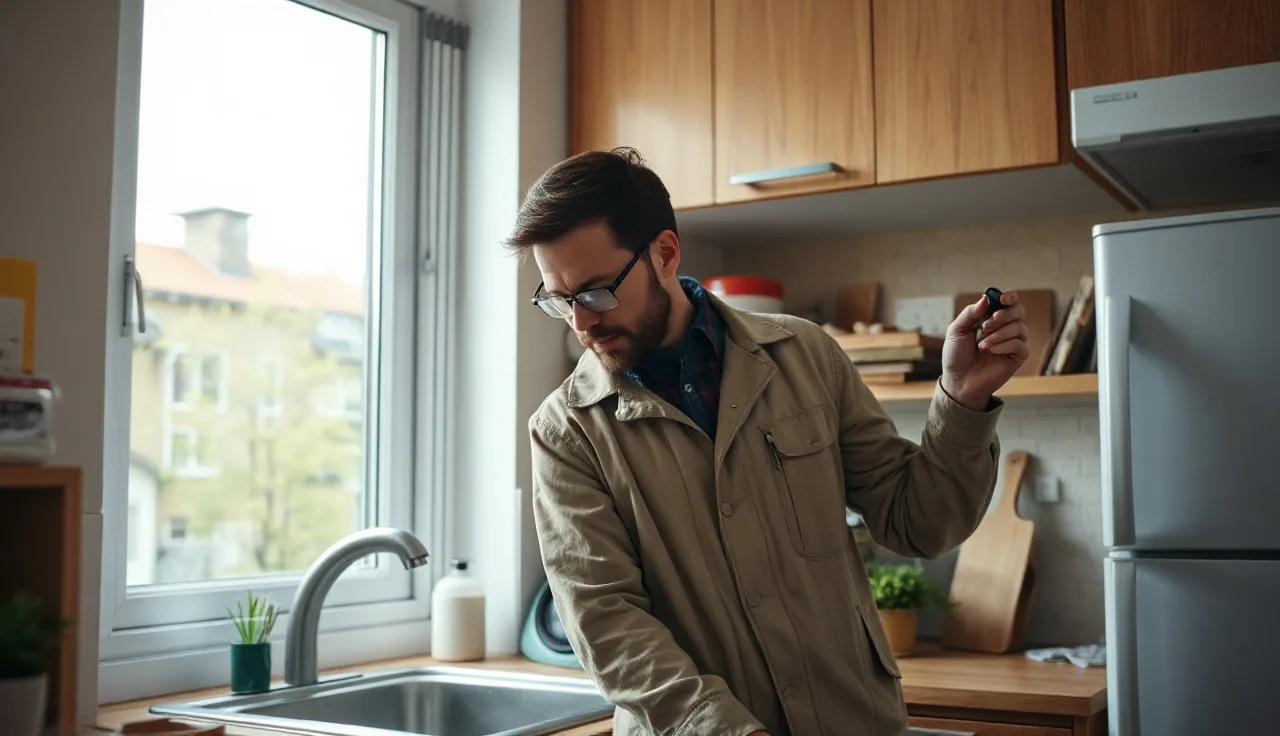 Housing inspector checking under kitchen sink during a section 8 inspection