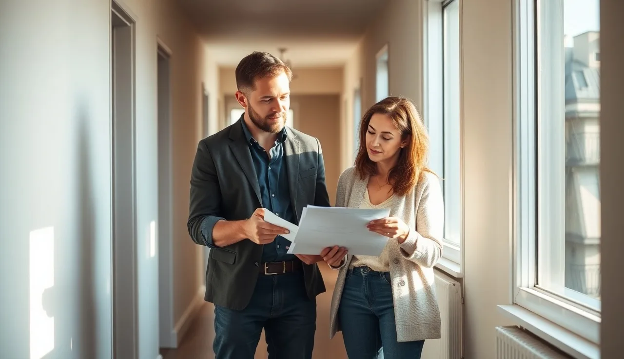 Landlord and tenant reviewing Section 8 lease documents in apartment hallway