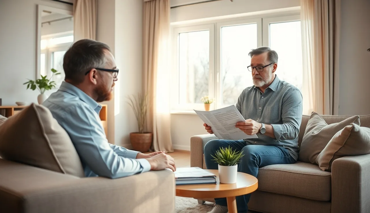 Landlord and tenant reviewing rental application paperwork in a sunlit apartment