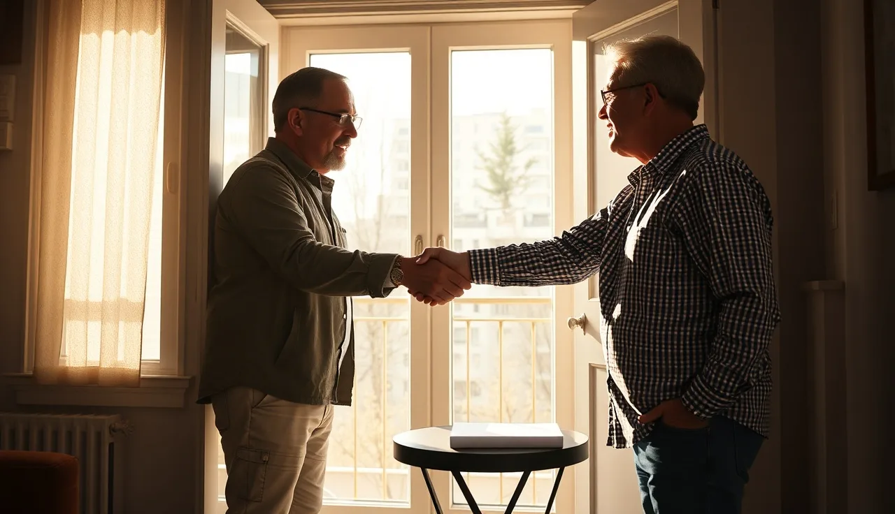 Landlord and tenant shaking hands at apartment door with lease on table
