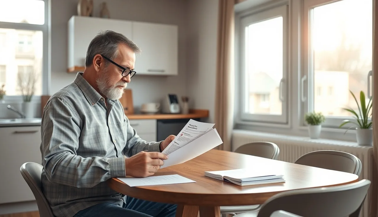 Landlord reviewing Section 8 HAP contract paperwork at apartment kitchen table