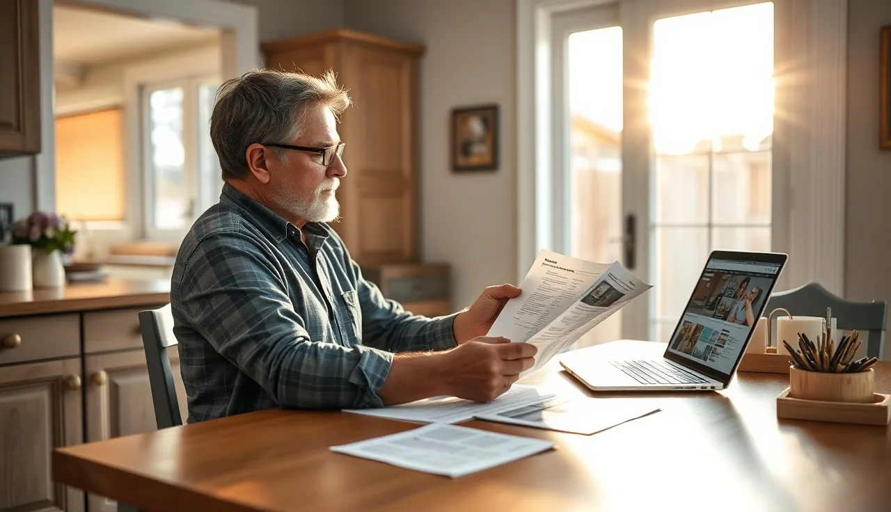 Landlord reviewing rent documents and rental listings at a kitchen table