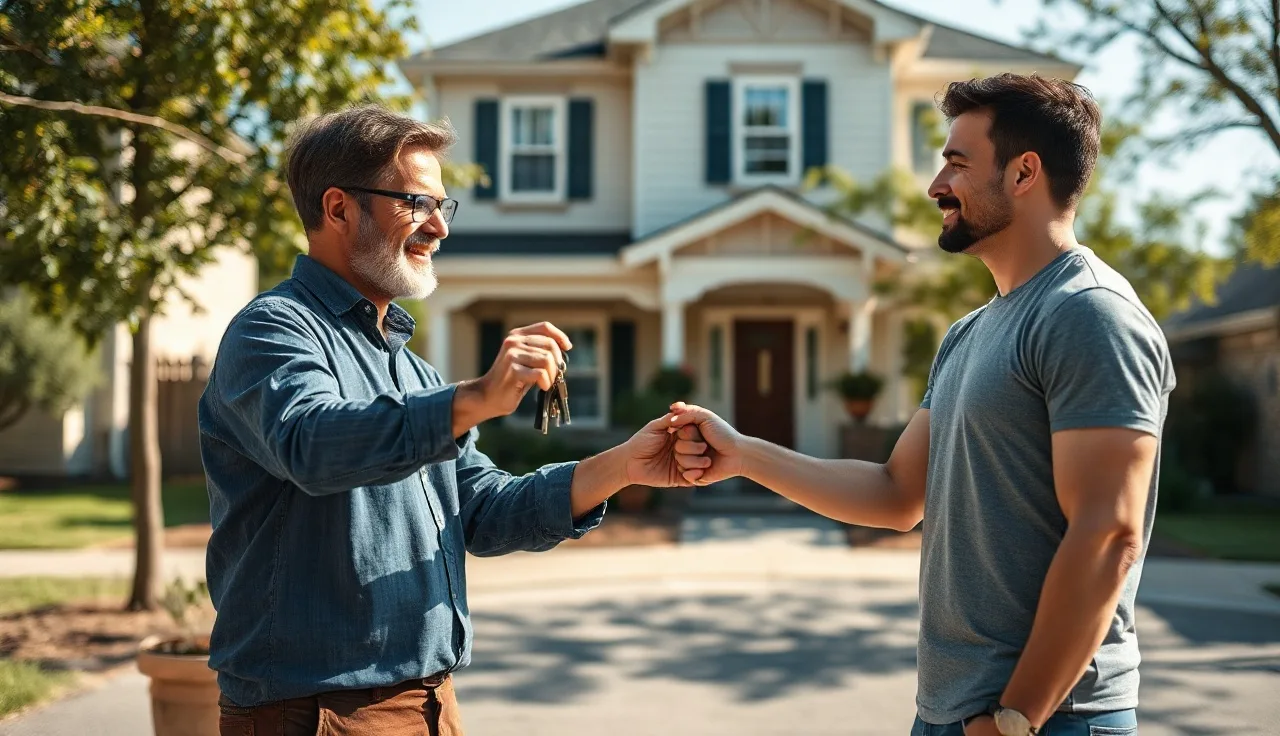 Landlord handing keys to a tenant at a rental home front door