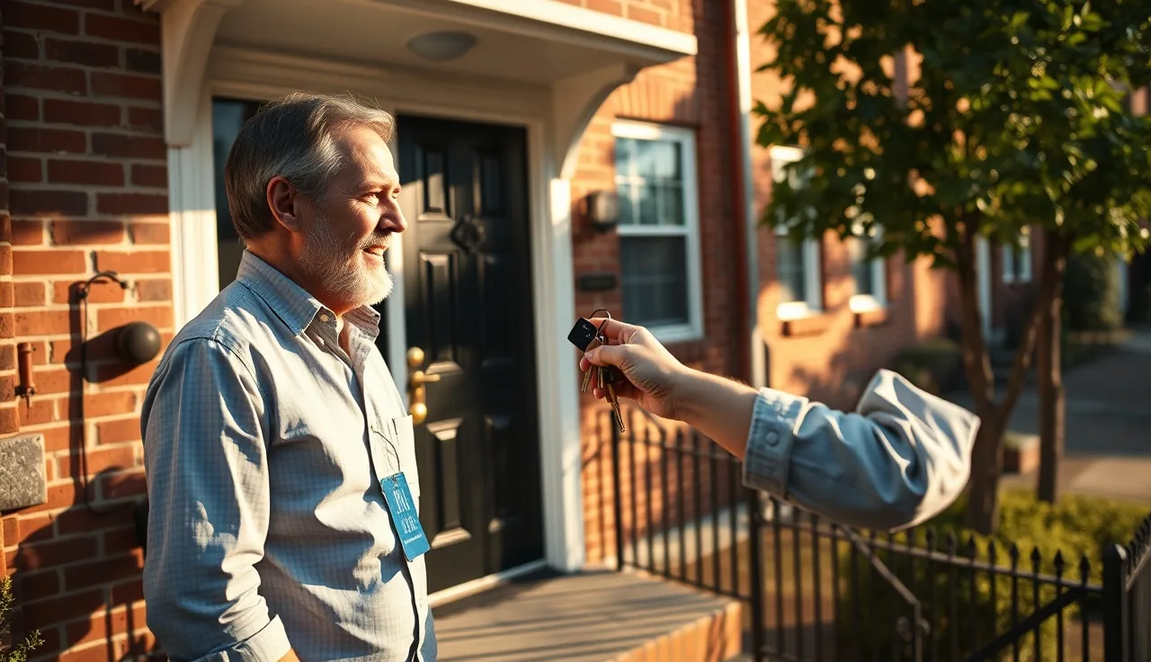 Landlord handing keys to a Section 8 tenant at a brick row house door