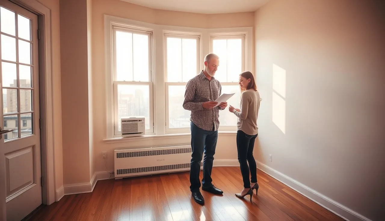 Landlord and tenant reviewing paperwork inside a sunlit NYC brownstone apartment