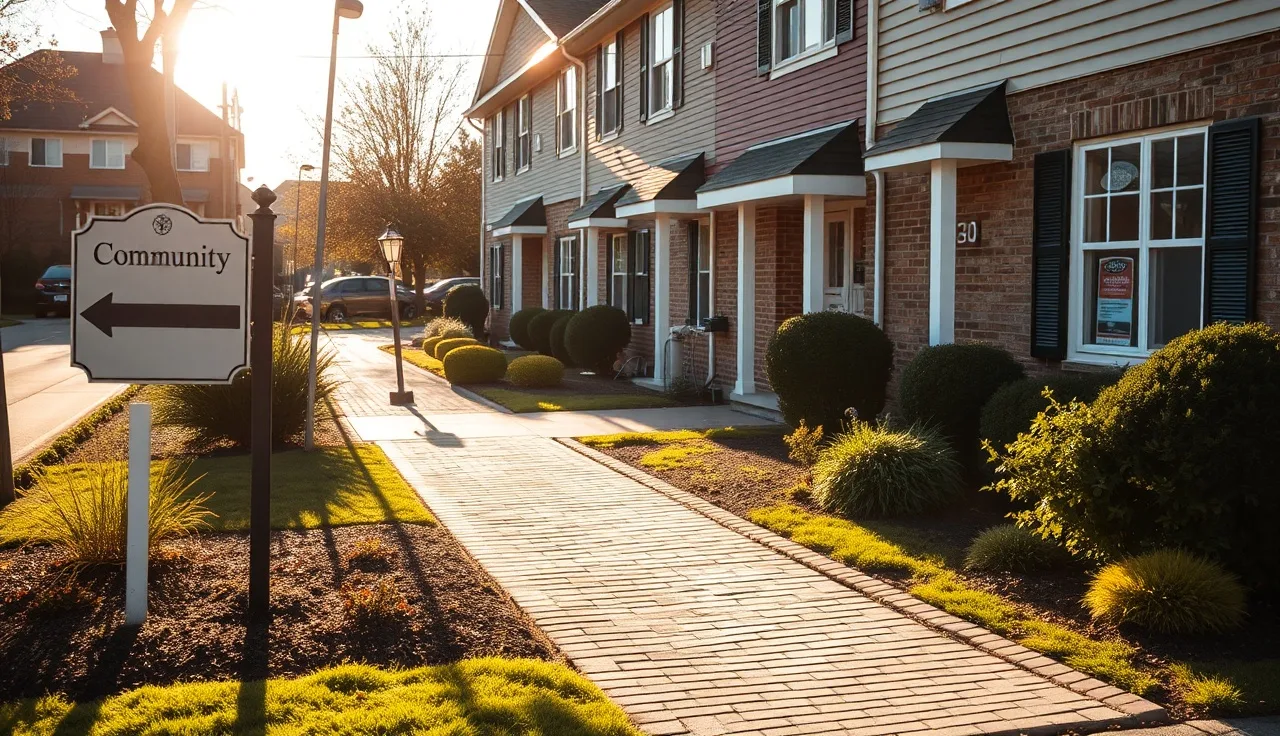 Suburban townhouse row with for-rent sign, representing HOA rental restrictions and Section 8 vouchers