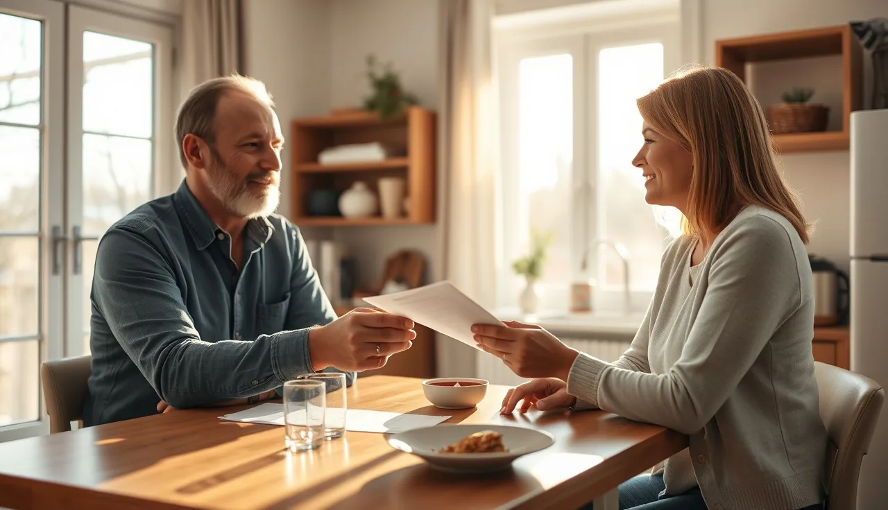 Landlord and tenant exchanging a holding deposit agreement at an apartment table