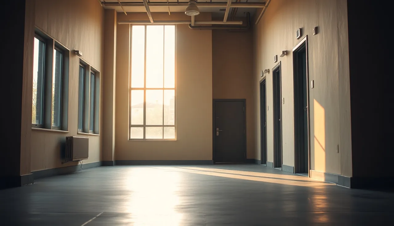 Empty affordable housing hallway with afternoon light, subsidy review context