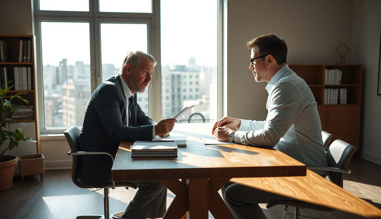 Landlord and housing official exchanging HAP contract paperwork at an office table