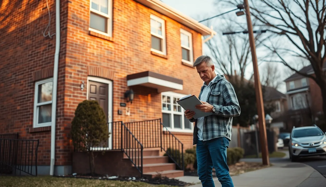 Landlord and tenant reviewing documents at the door of a rental house