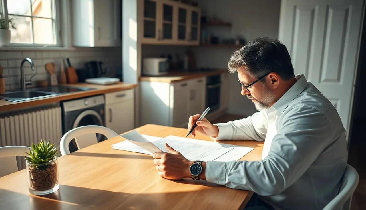 Landlord reviewing Section 8 housing paperwork at a kitchen table in afternoon light
