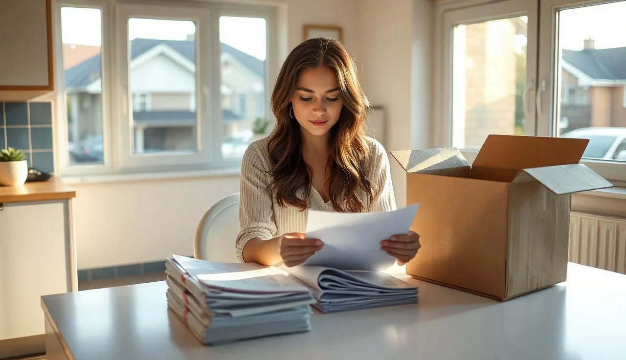 Woman reviewing housing paperwork next to moving box before interstate Section 8 port