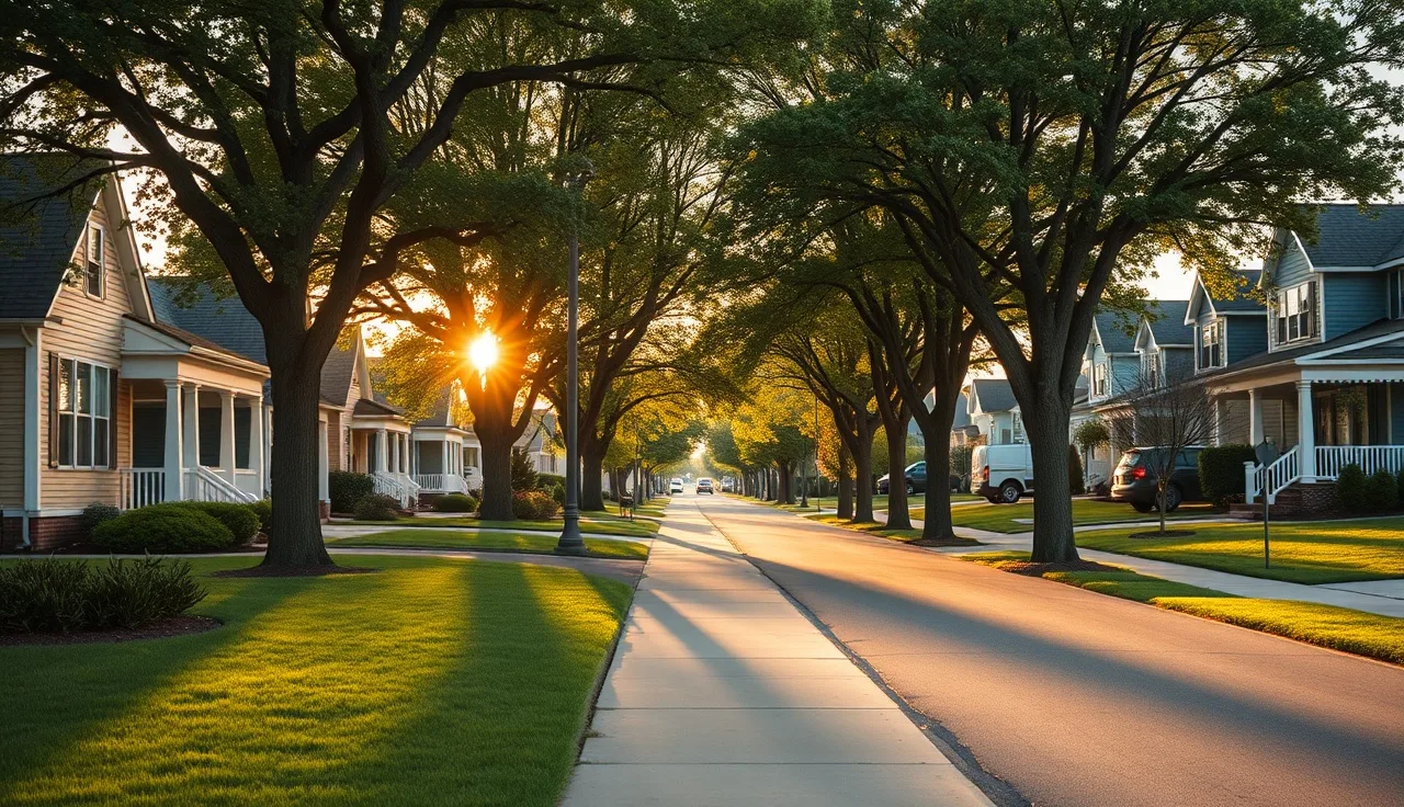 Quiet suburban street with mature trees and single-family homes at golden hour