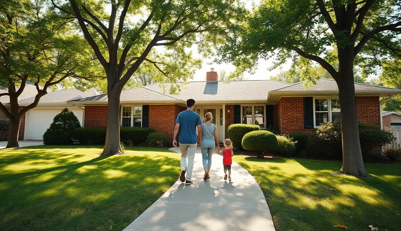 Family walking toward a rental home in a Guilford County neighborhood