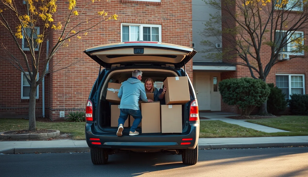 Family loading moving boxes into a minivan outside an apartment building
