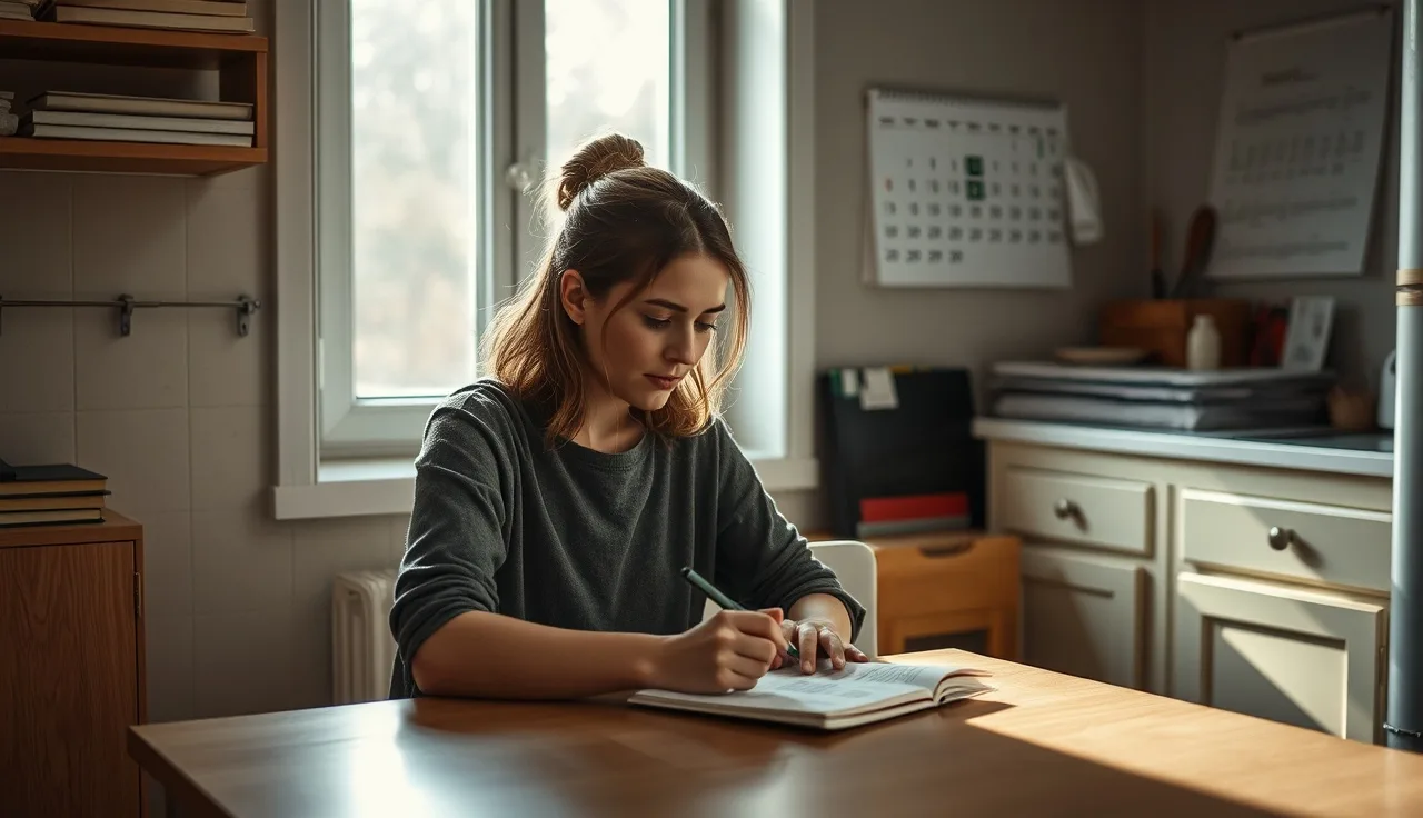 Woman writing move notice letter at kitchen table with calendar on wall