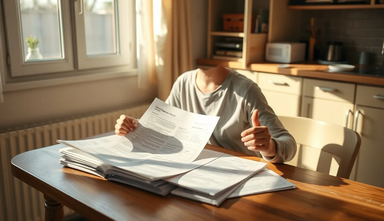 Person reviewing section 8 portability paperwork at a kitchen table in apartment