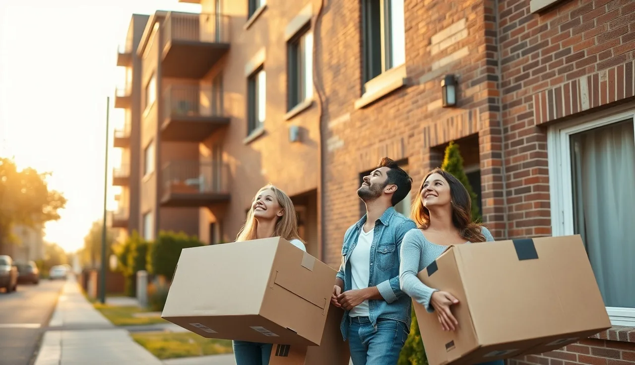 Family with moving boxes outside a brick apartment building during a housing move