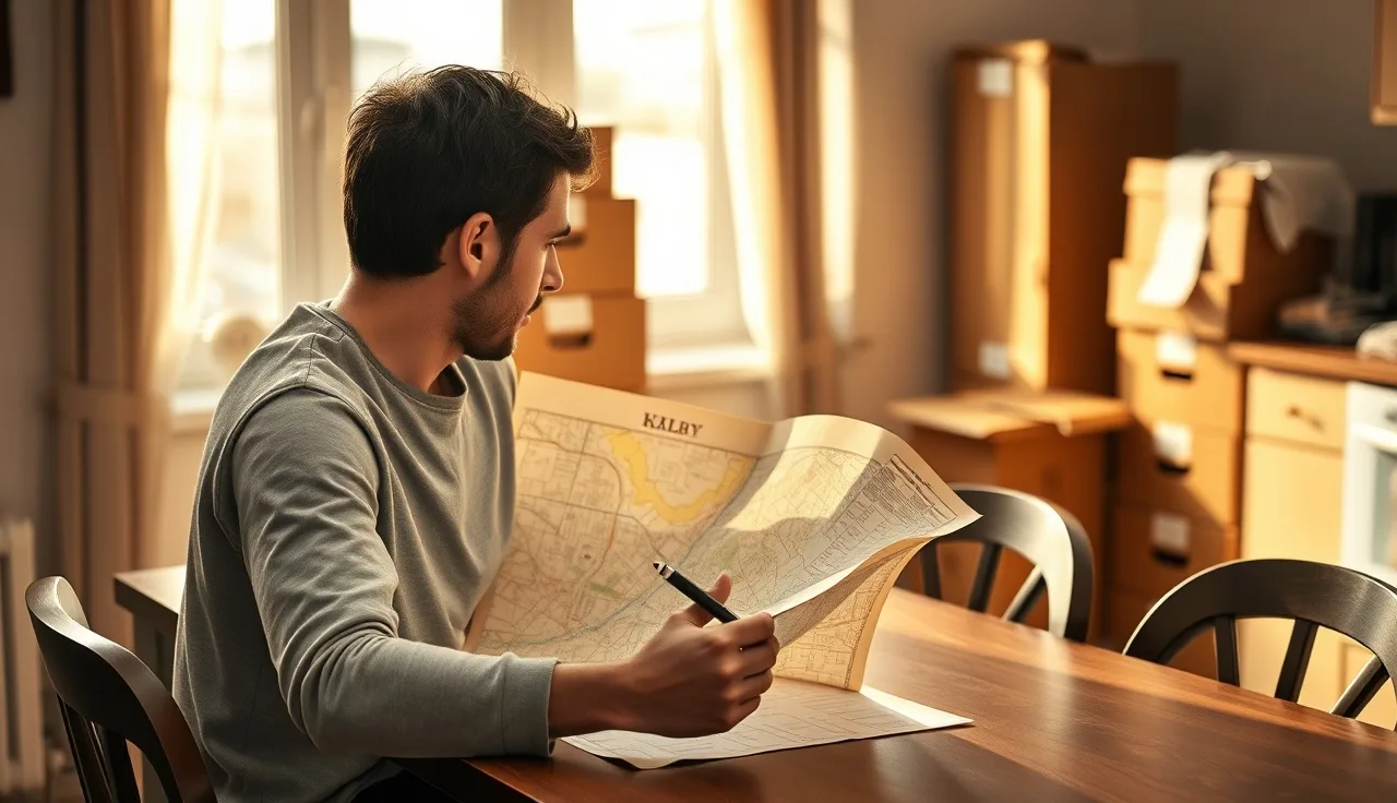 Person studying a city map at a kitchen table with moving boxes nearby