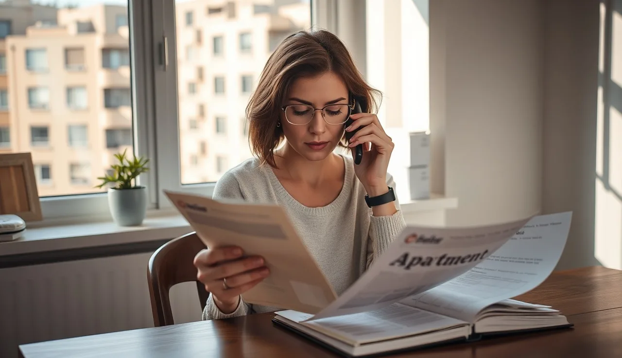 Woman at kitchen table reviewing apartment listings with phone to ear, searching for rental housing