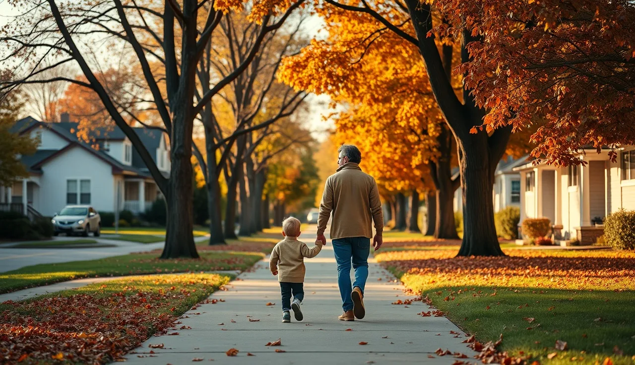 Parent and child walking through a residential neighborhood near a school district