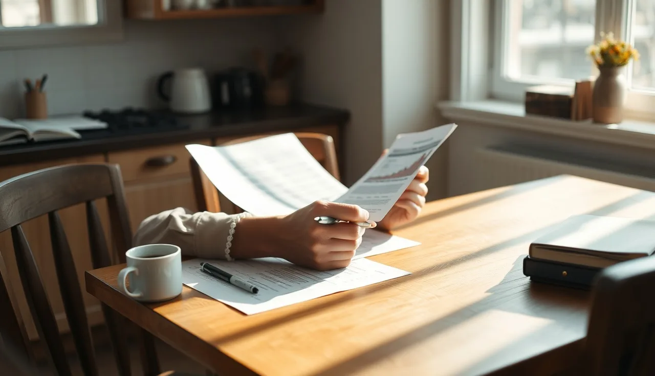 Person reviewing housing voucher paperwork at a kitchen table in afternoon light