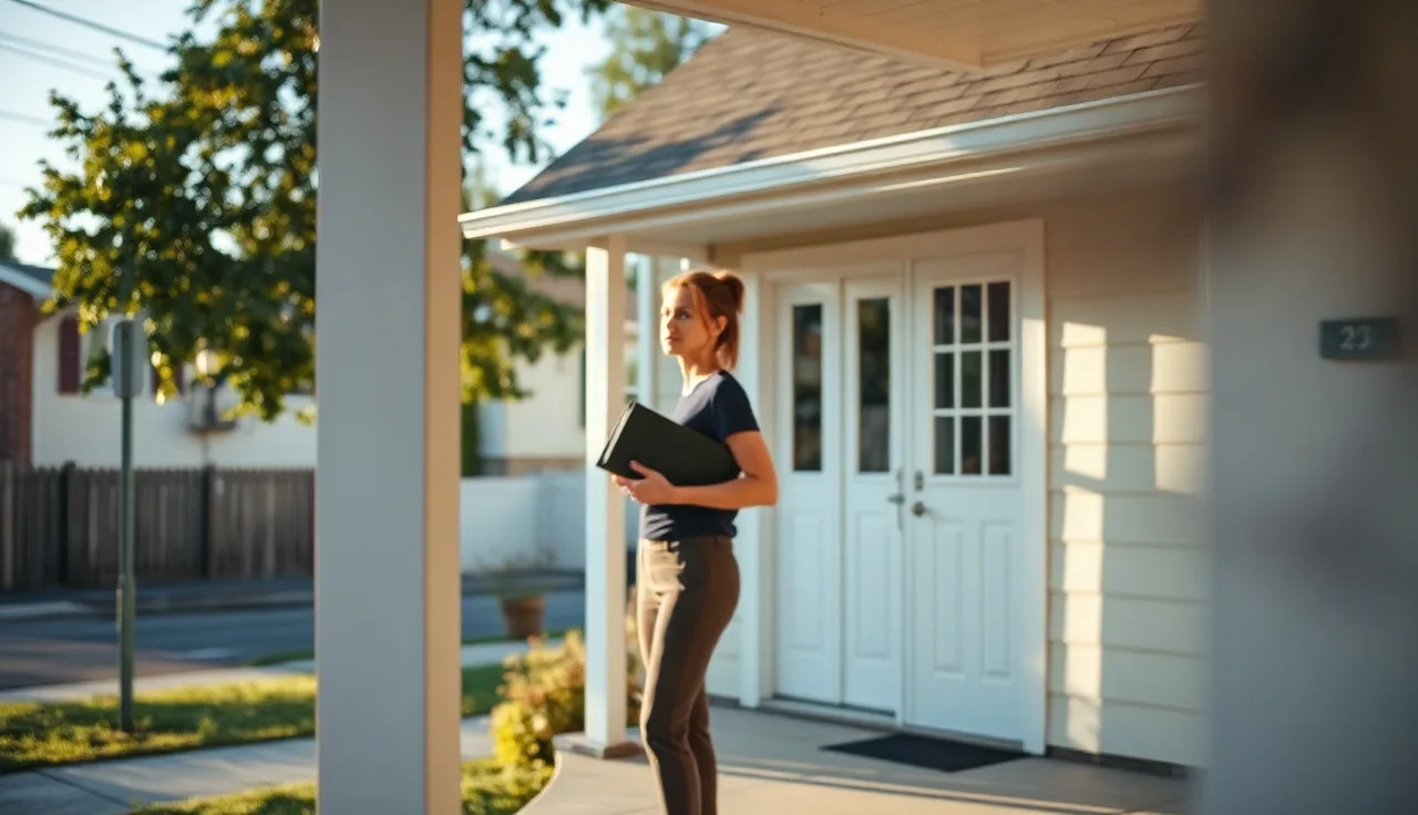 Woman holding paperwork on porch of rental home preparing for section 8 port move