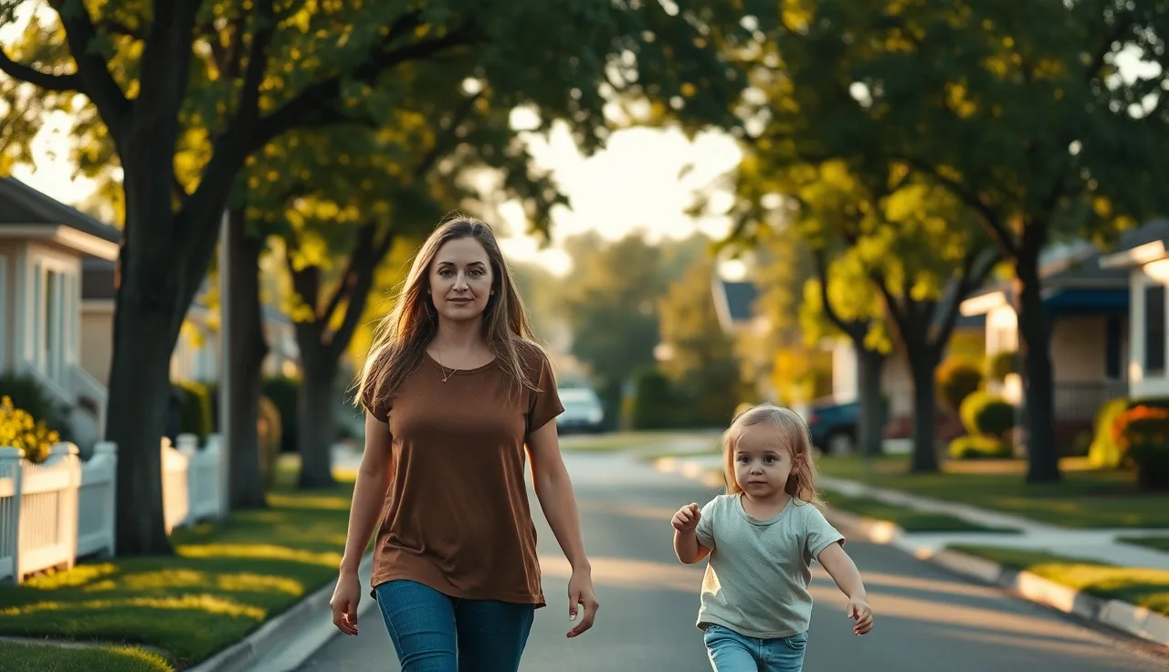 Mother and child walking through a quiet suburban neighborhood during a section 8 mobility search
