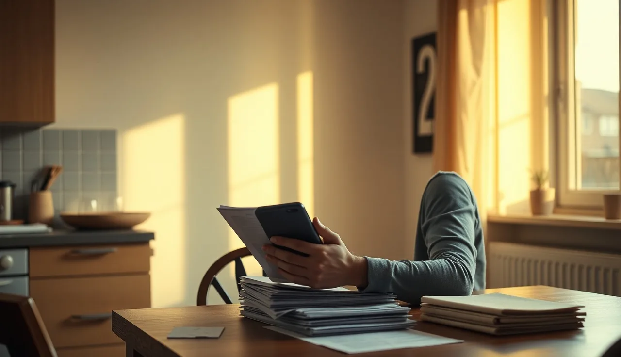 Tenant reviewing portability voucher documents at kitchen table while on phone