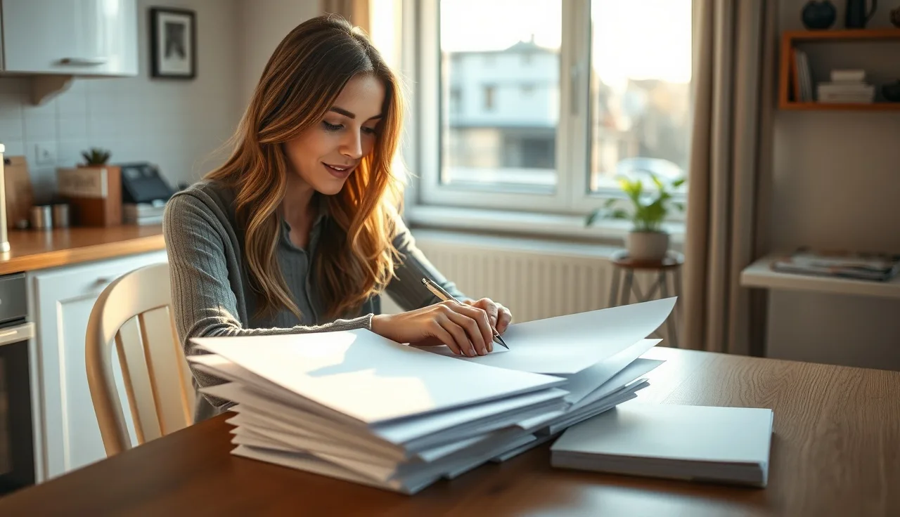 Woman reviewing housing voucher paperwork at a kitchen table, preparing to transfer