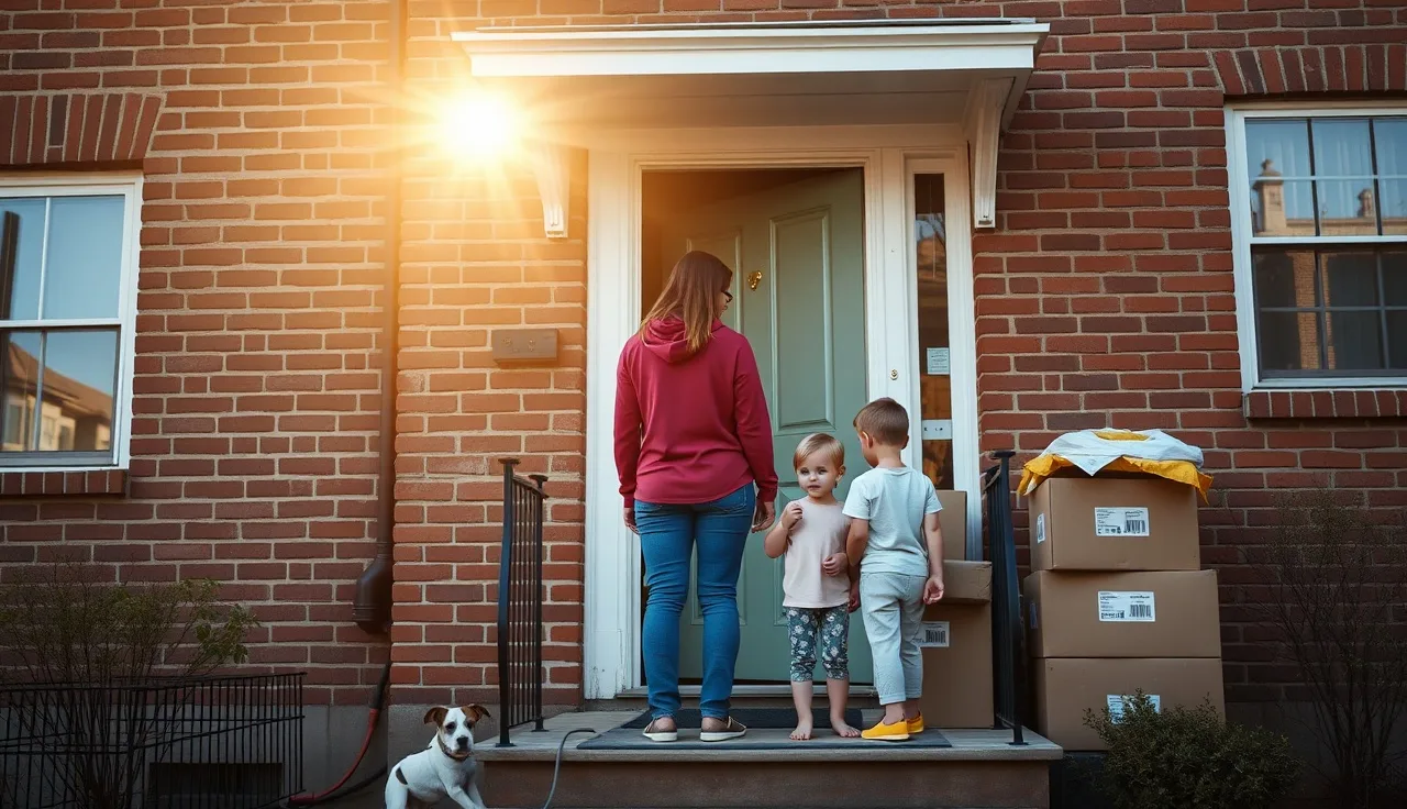Mother and children on porch of new home with moving boxes, using a housing voucher to relocate