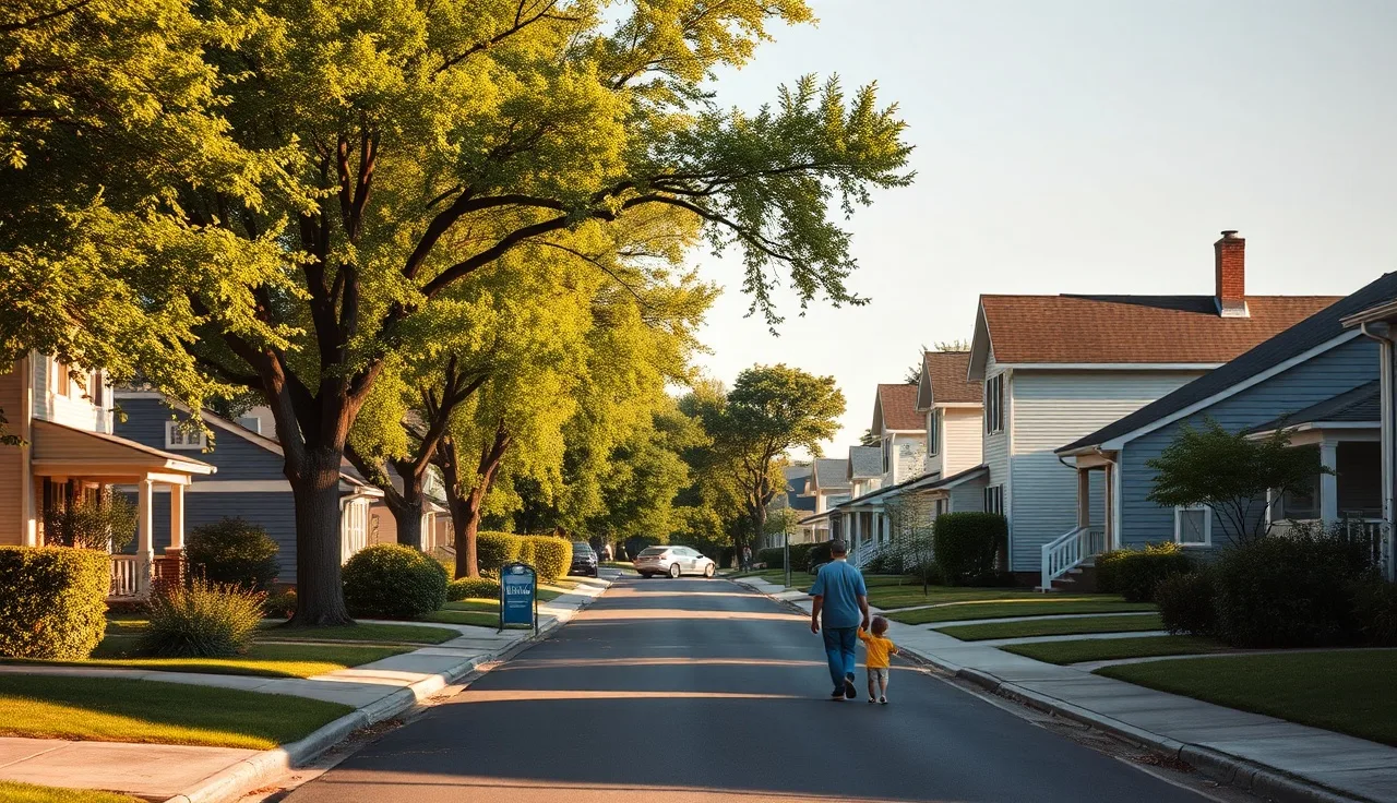 Parent and child walking toward a school on a quiet suburban street