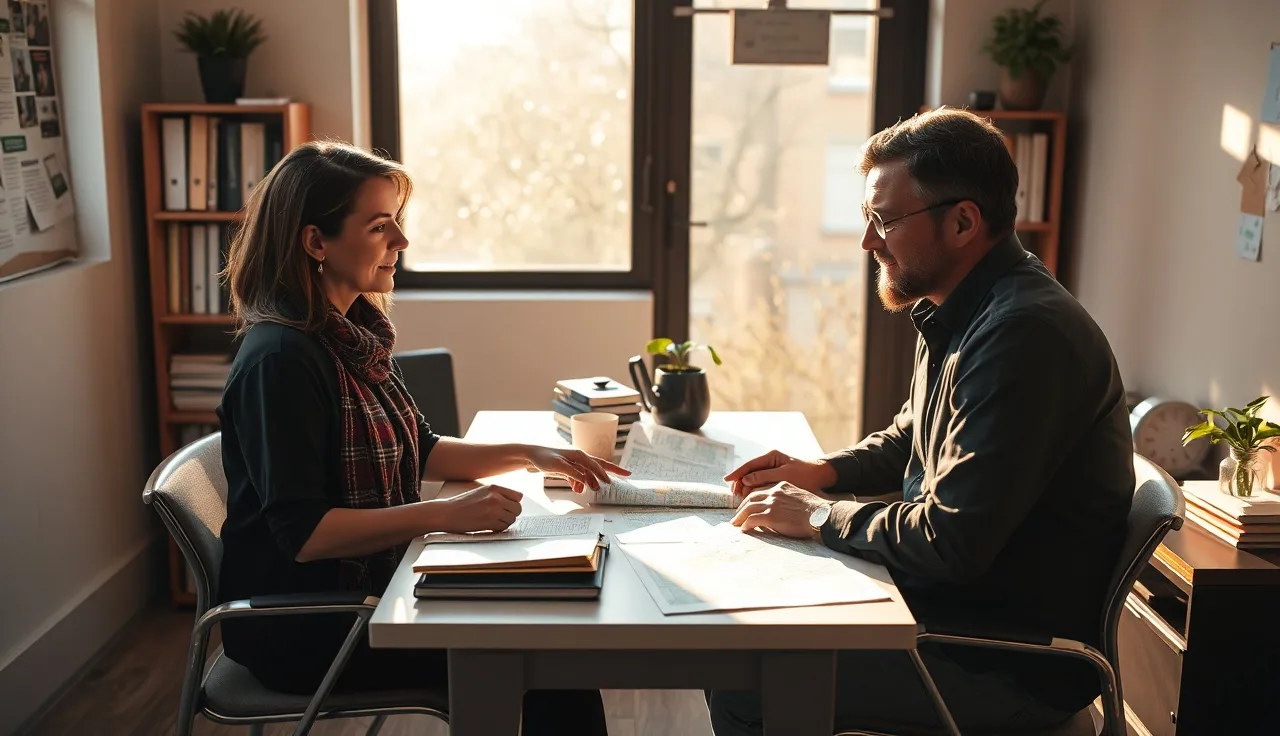 A housing navigator and a voucher holder reviewing a rental search map together