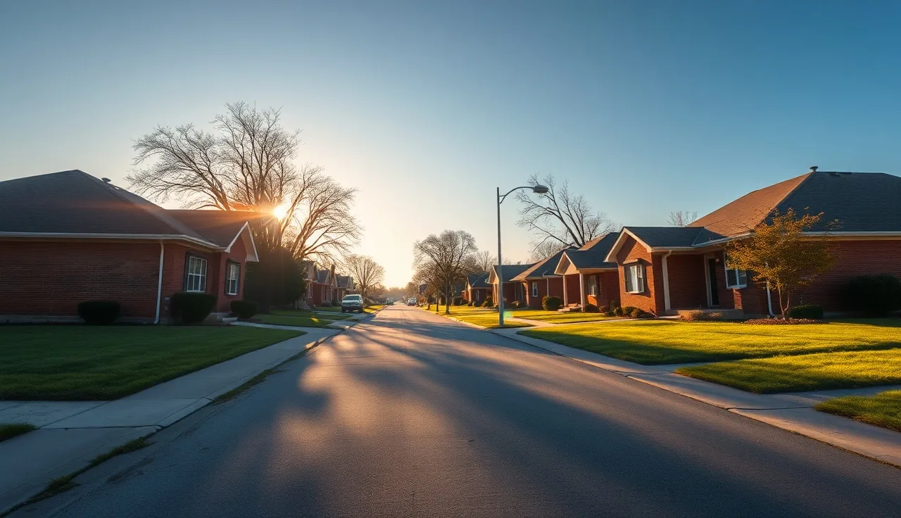 Quiet Indianapolis residential street with brick bungalows in late afternoon light