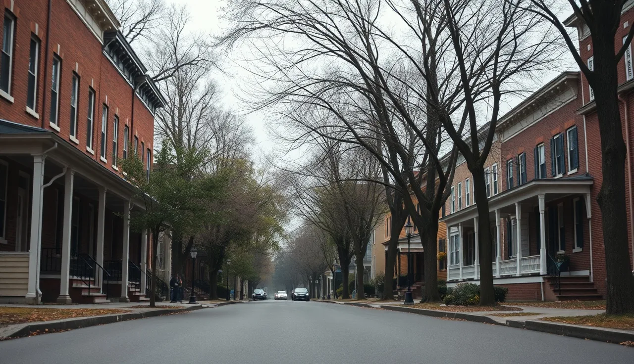 Brick row houses on a residential street in McKeesport Pennsylvania