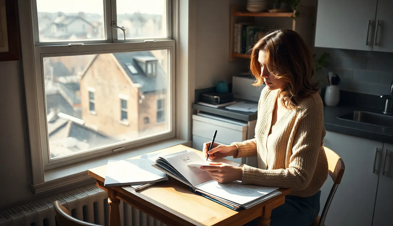 Woman reviewing housing paperwork at kitchen table with NYC rooftops in background