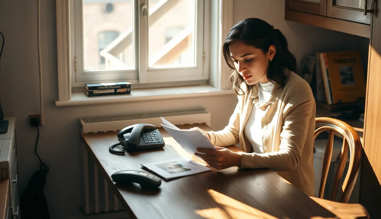 Woman reviewing Section 8 portability paperwork at a kitchen table in NYC apartment