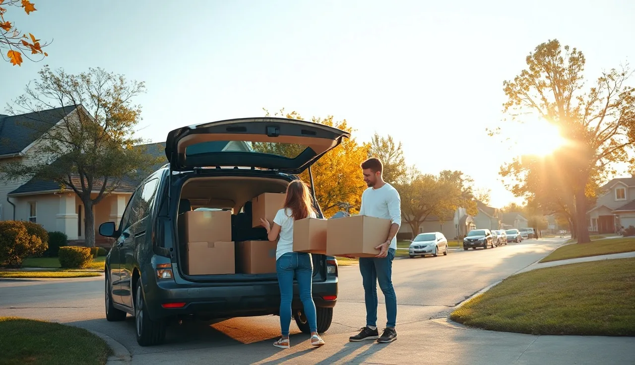 Family loading moving boxes into a minivan preparing to relocate from Virginia to North Carolina