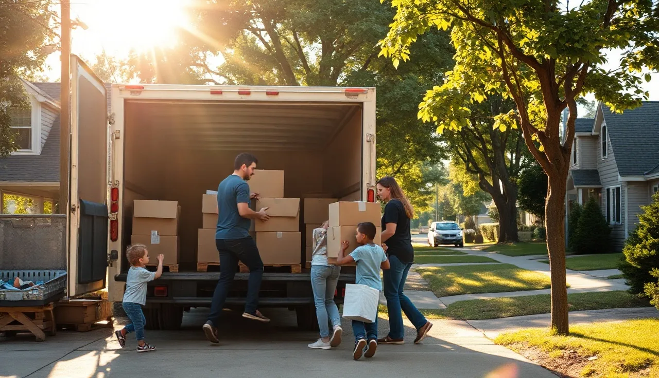 Family loading moving boxes into truck in suburban driveway on sunny day