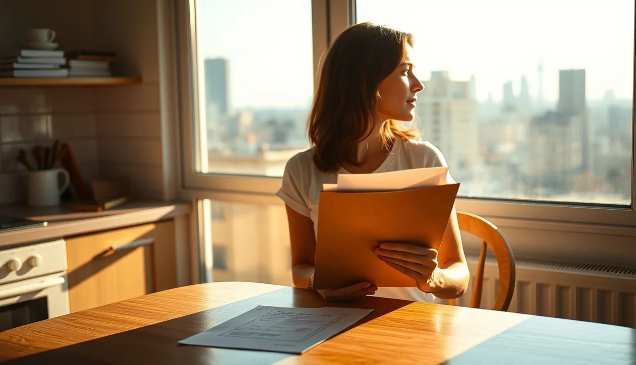 Woman reviewing housing voucher paperwork at a kitchen table, planning a move