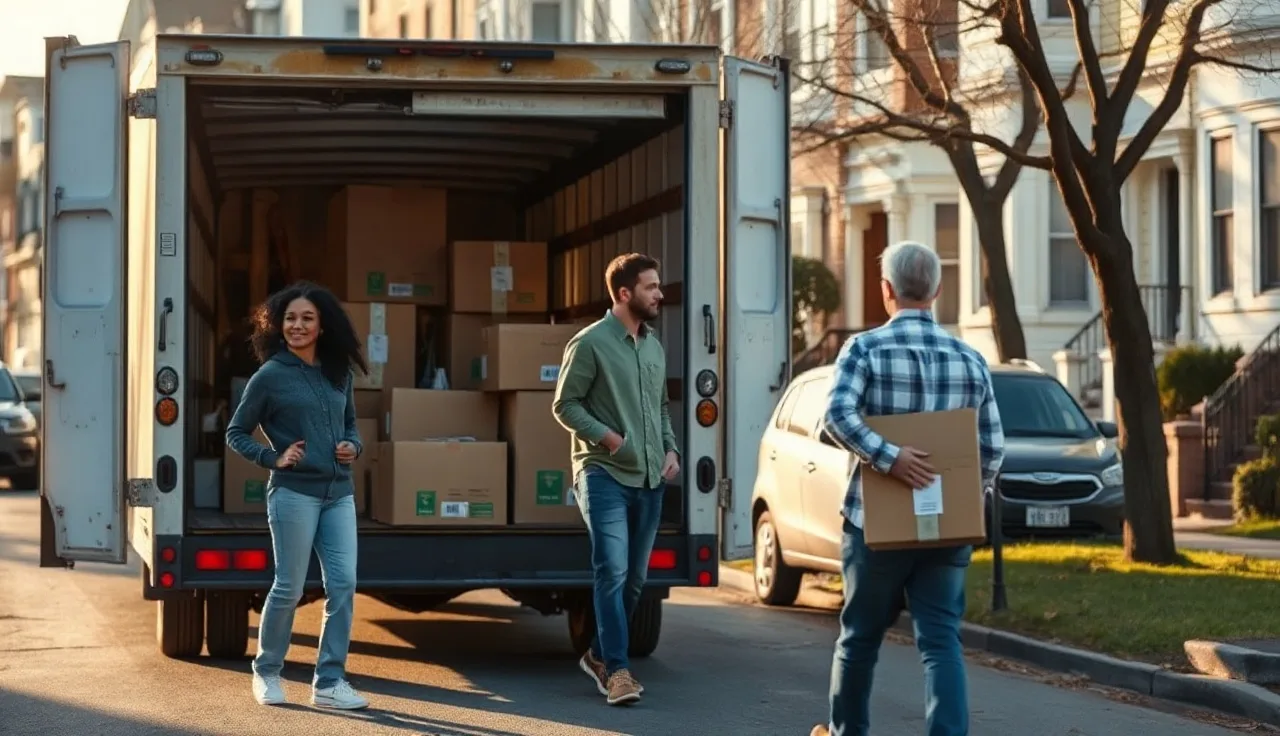Family loading moving boxes into truck on residential street, interstate Section 8 move