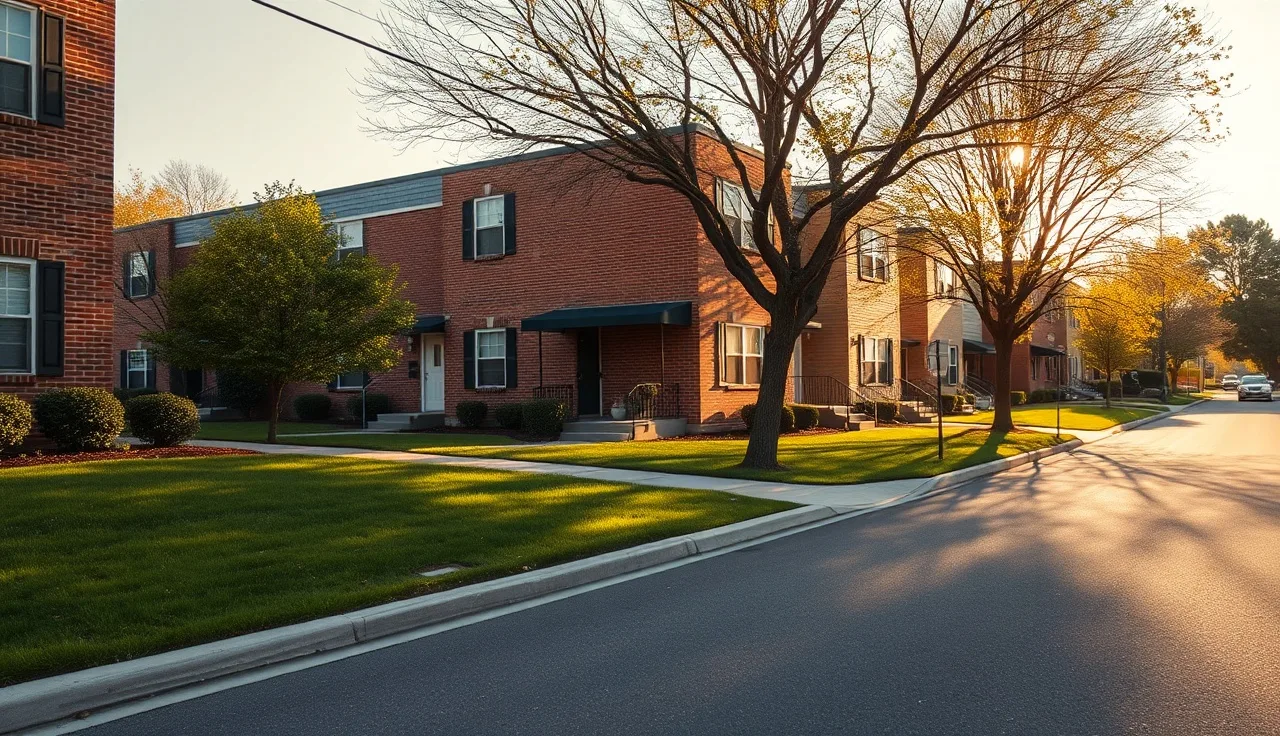 Brick apartment buildings on a quiet West Orange New Jersey residential street