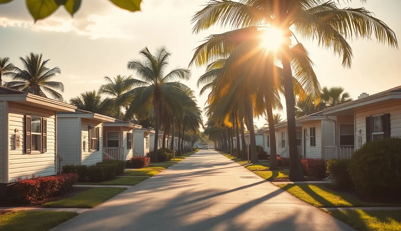 Suburban South Florida residential street with rental homes and palm trees