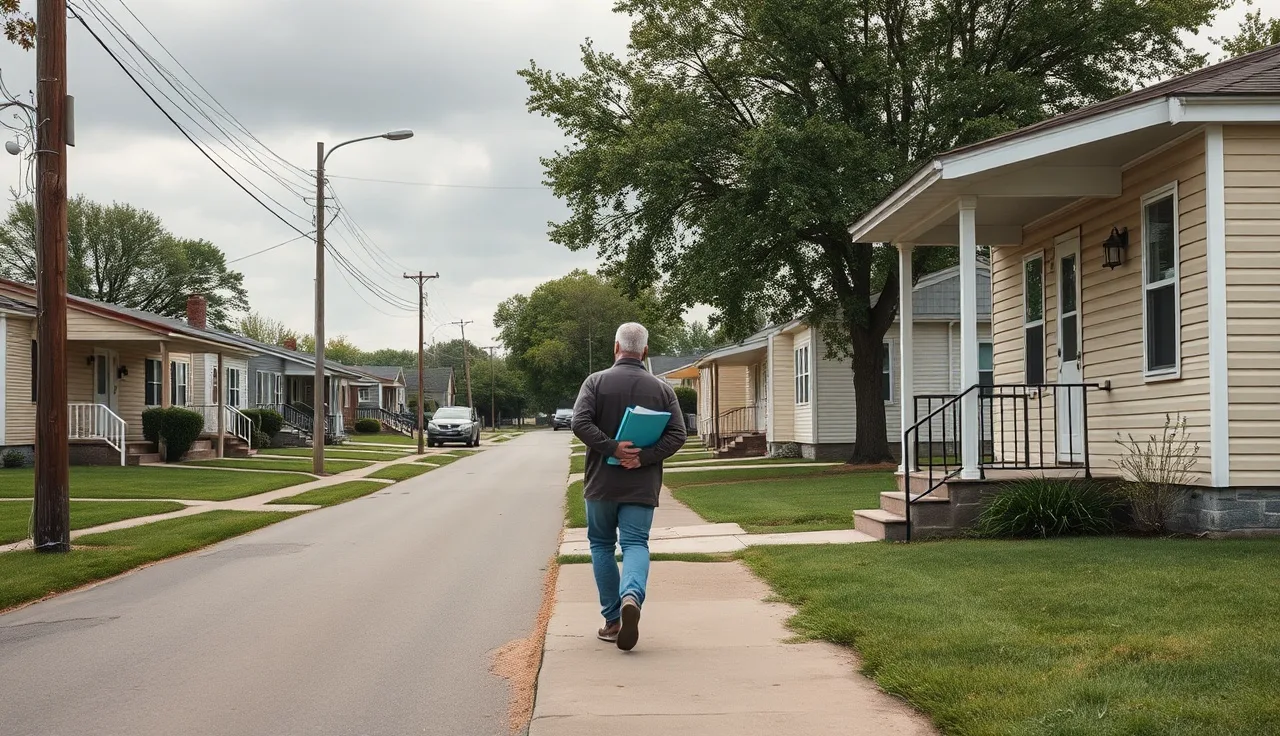 Person carrying paperwork approaching a modest rental home in Fairfield County Ohio