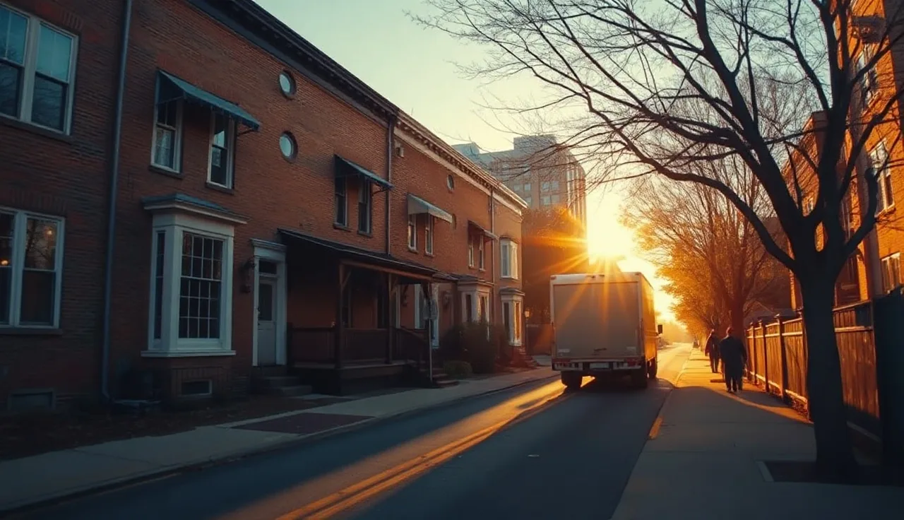 Nashville residential street with apartment buildings and a moving truck at golden hour