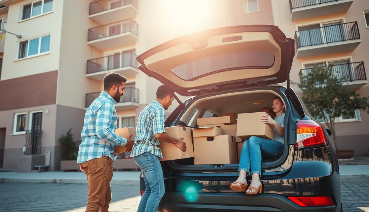 Family loading moving boxes into a car outside an apartment building