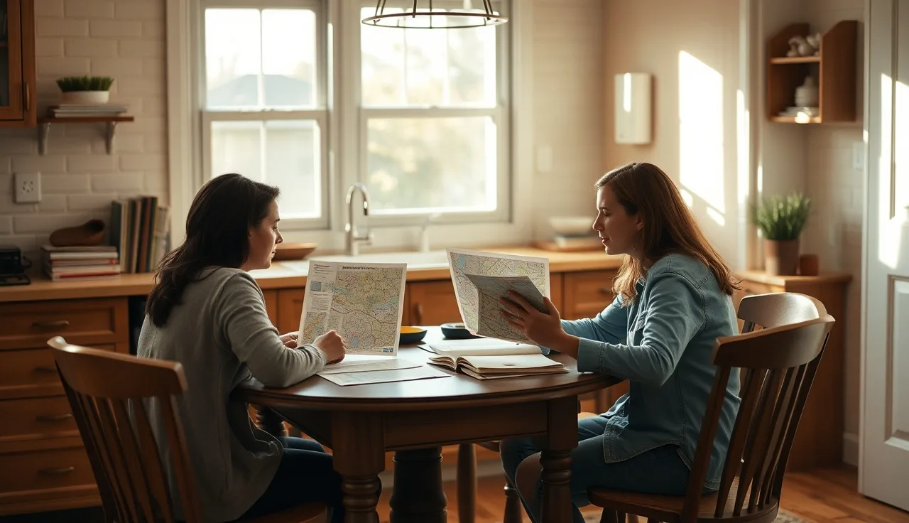 Housing counselor and voucher holder reviewing neighborhood maps at a kitchen table
