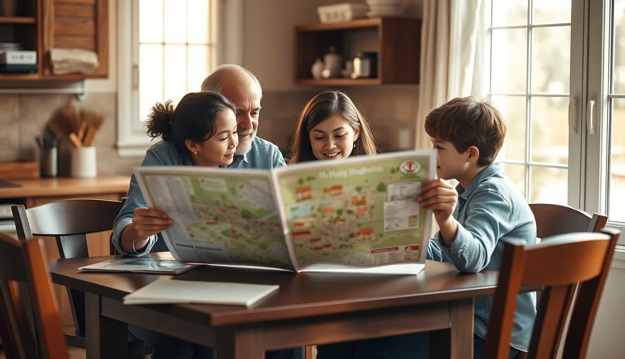 Housing counselor and family reviewing a neighborhood map at a kitchen table
