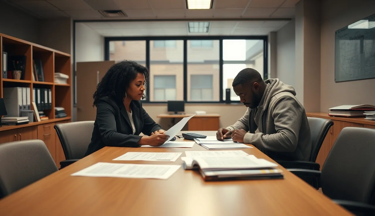 Caseworker and tenant reviewing portability paperwork at a housing office desk